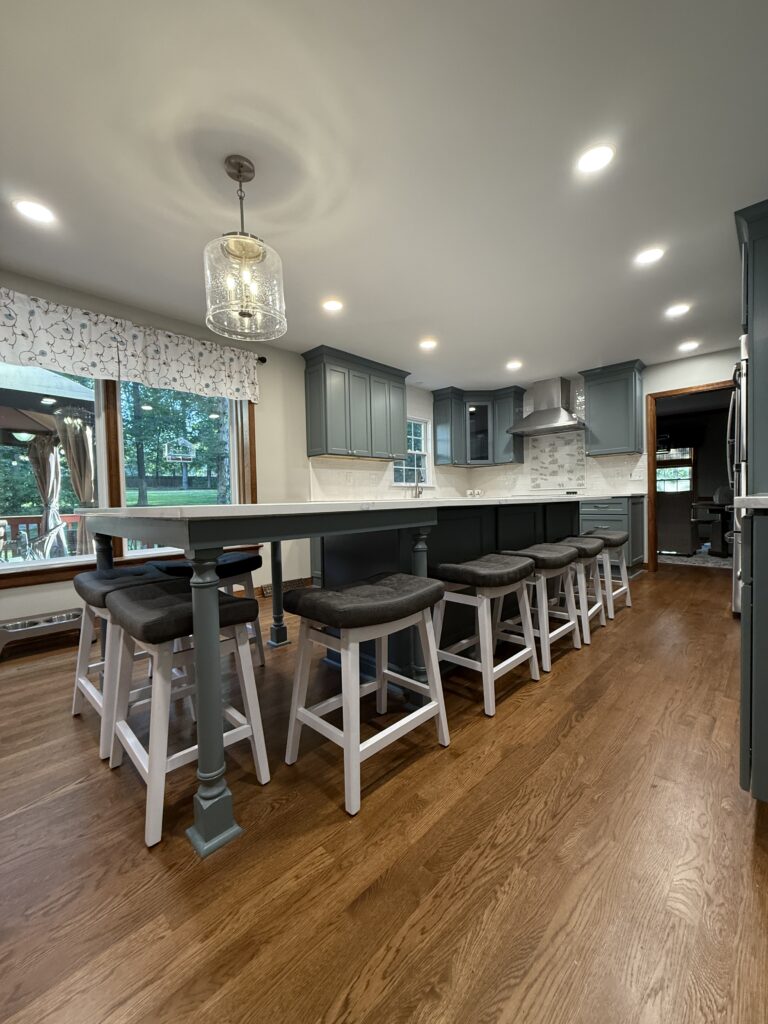 Modern kitchen with island and barstools.