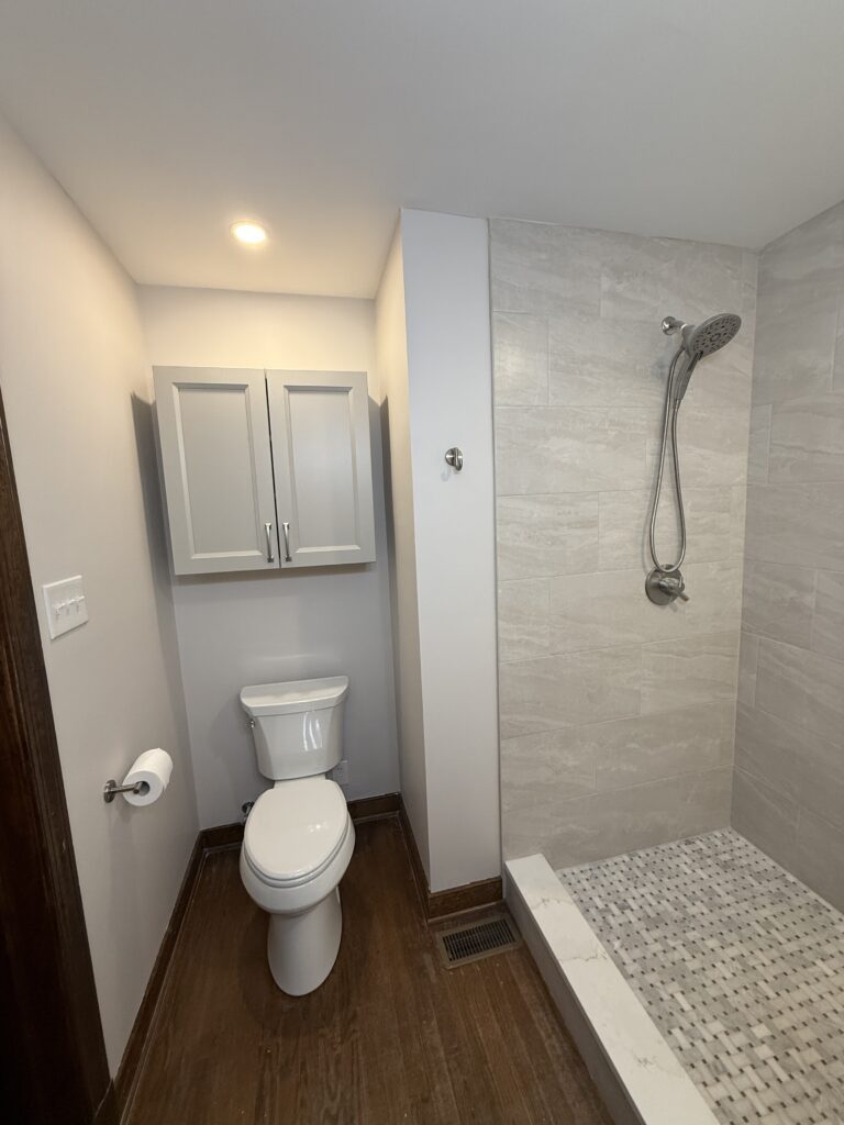 Modern bathroom with shower and toilet.