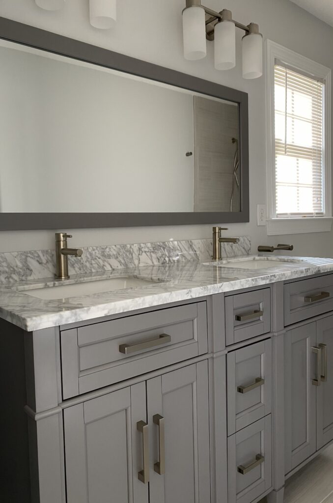 Modern bathroom vanity with double sinks.