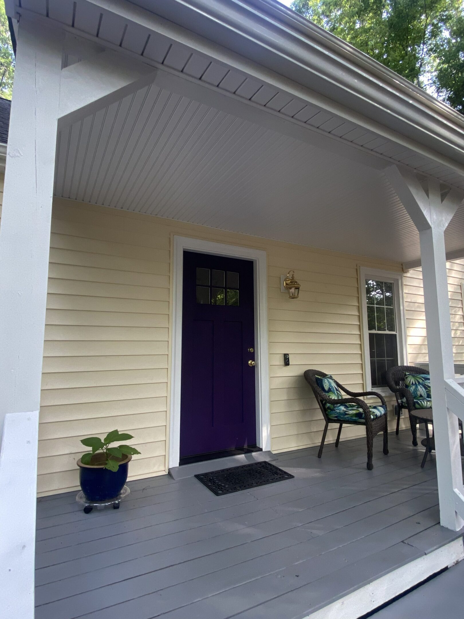 Beige siding porch with potted plant