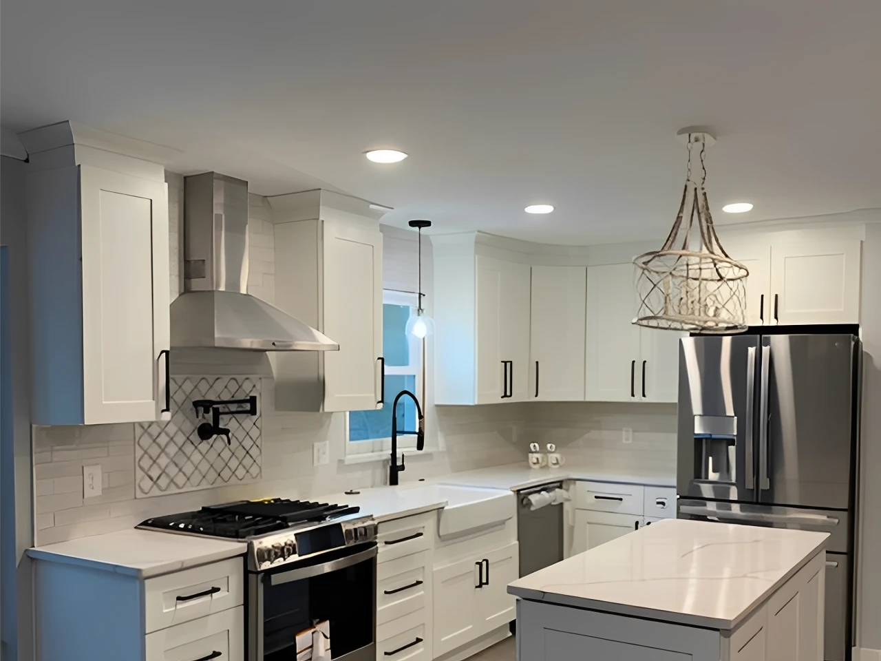 White kitchen with stainless fridge and pot filler