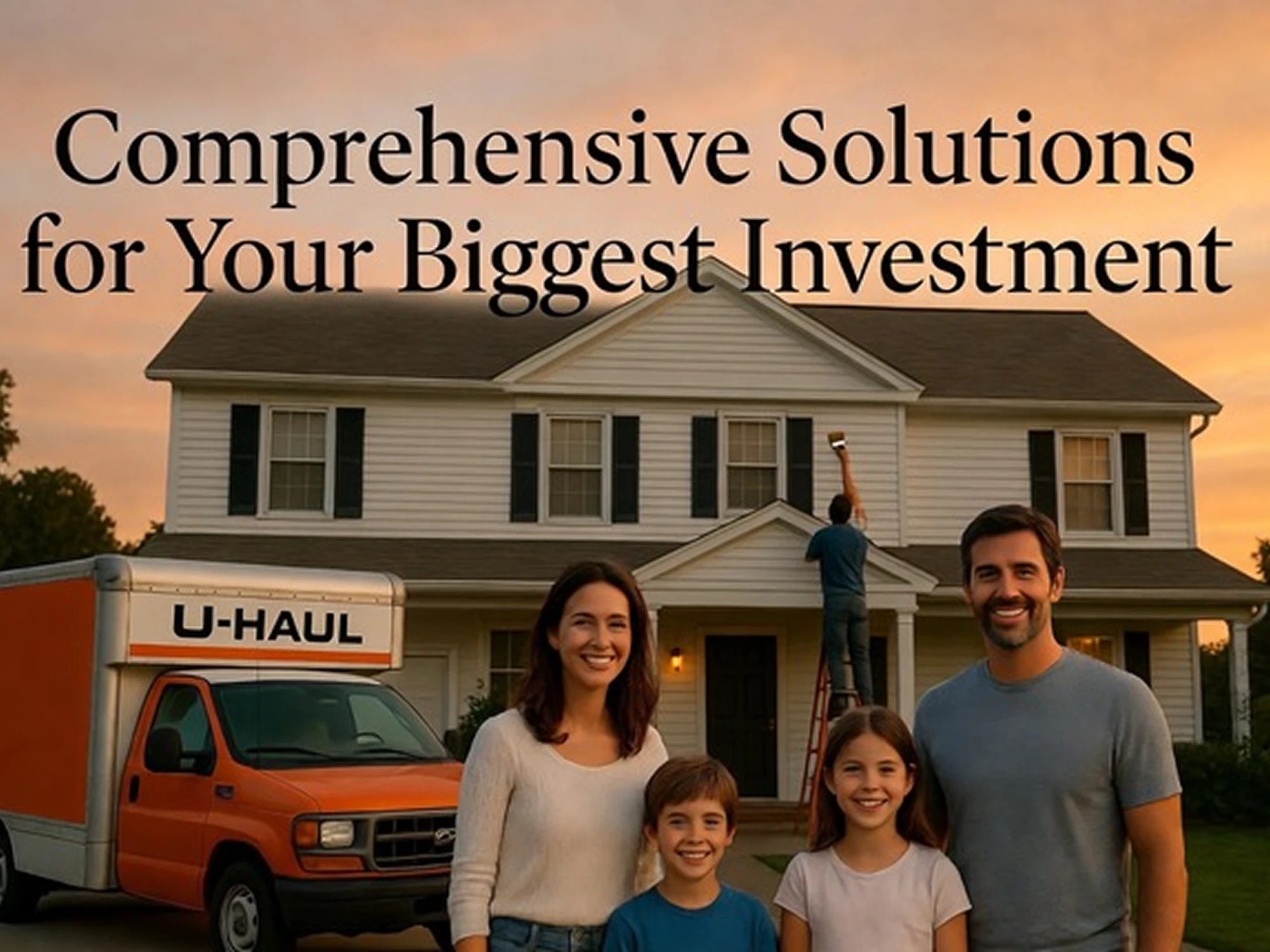 Family in front of house with U-Haul.