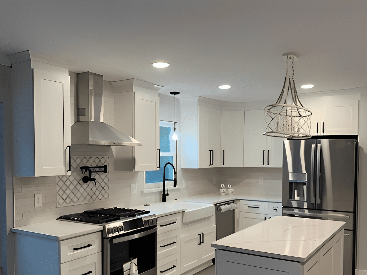 Modern white kitchen with island and stainless steel appliances.